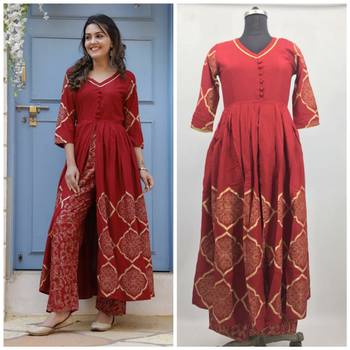 Women maroon gold print work kurti with palazzo 3