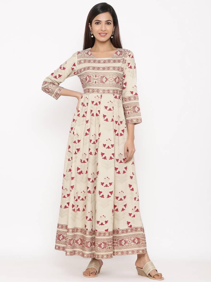 White Women's Rayon Printed Long Anarkali Flared Dress