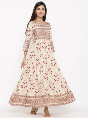 White Women's Rayon Printed Long Anarkali Flared Dress 3