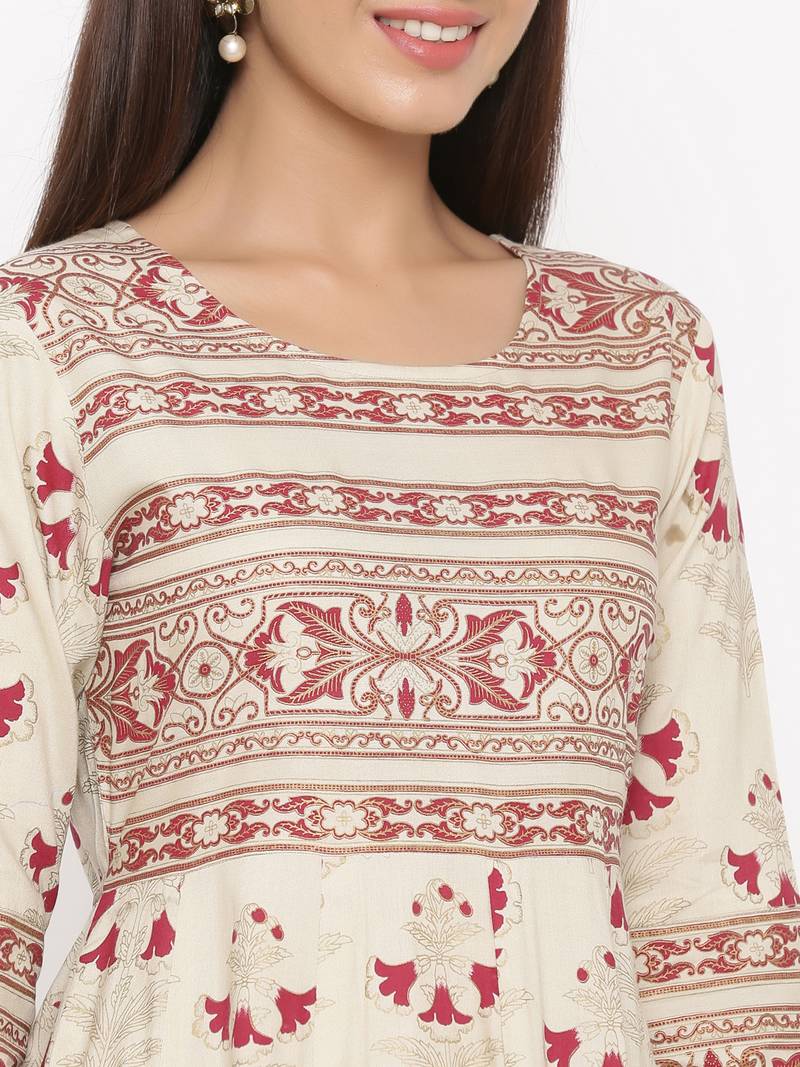 White Women's Rayon Printed Long Anarkali Flared Dress