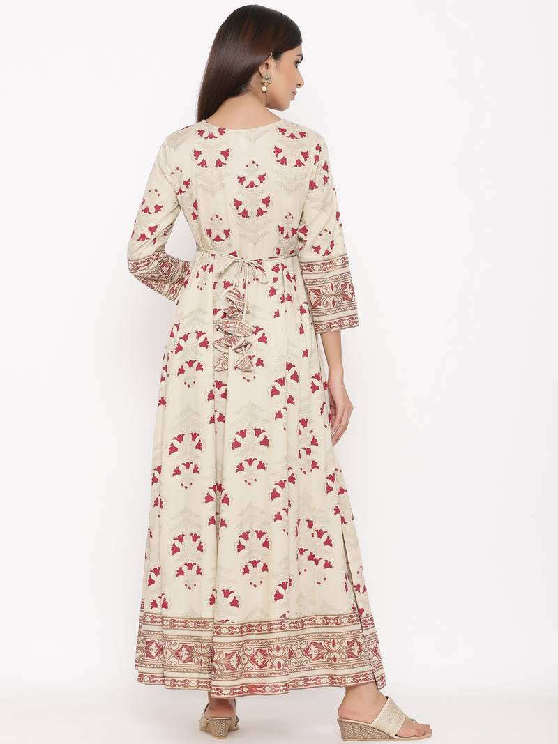 White Women's Rayon Printed Long Anarkali Flared Dress