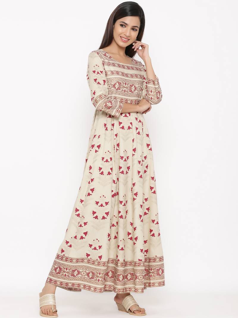 White Women's Rayon Printed Long Anarkali Flared Dress