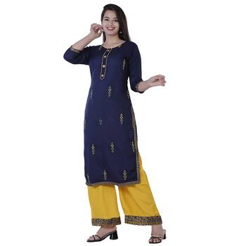 Blue Women's Rayon Embroidery kurti with palazzo 3