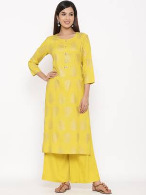 Mustard Women's Rayon slub Gold Print Straight Kurta Palazzo Set 1