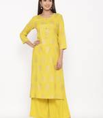 Mustard Women's Rayon slub Gold Print Straight Kurta Palazzo Set