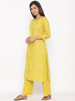 Mustard Women's Rayon slub Gold Print Straight Kurta Palazzo Set 2