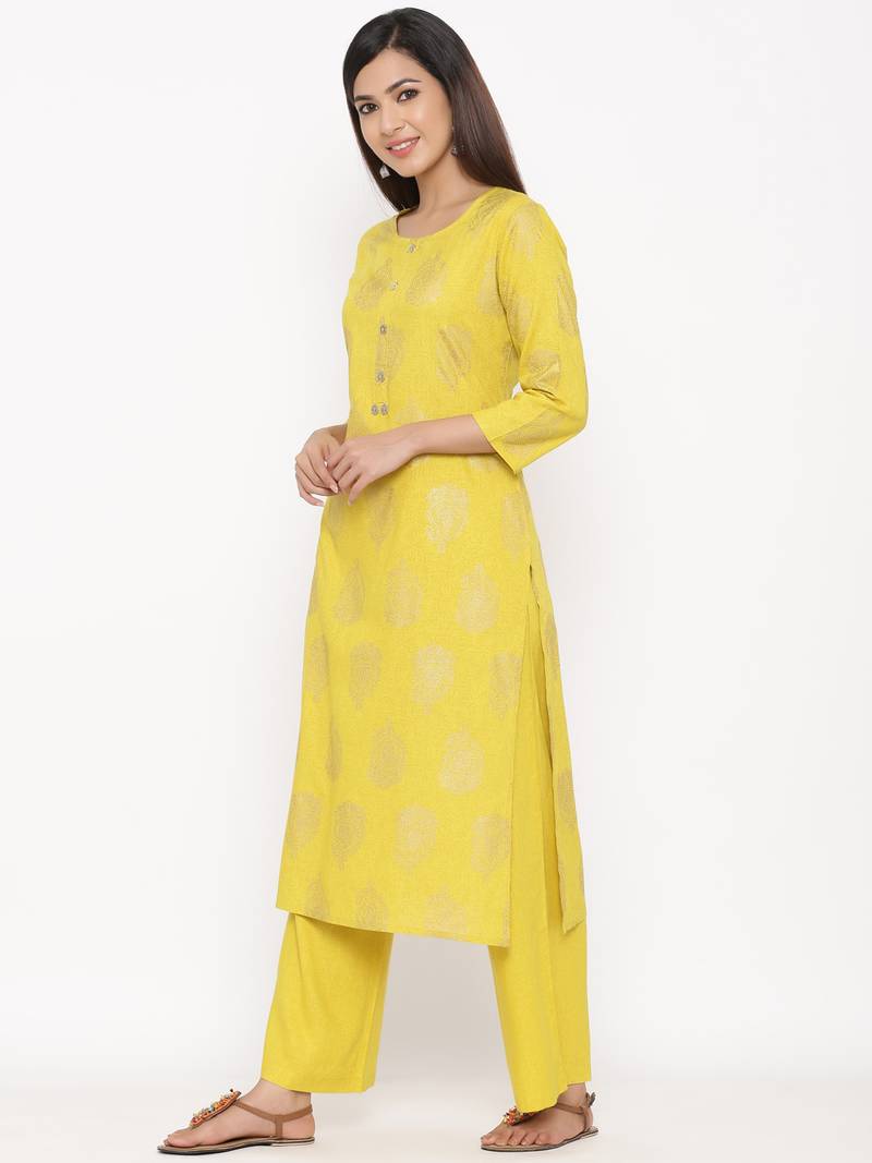 Mustard Women's Rayon slub Gold Print Straight Kurta Palazzo Set
