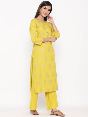 Mustard Women's Rayon slub Gold Print Straight Kurta Palazzo Set 3