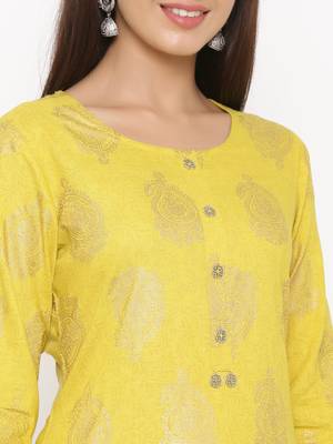 Mustard Women's Rayon slub Gold Print Straight Kurta Palazzo Set 4