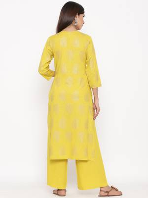 Mustard Women's Rayon slub Gold Print Straight Kurta Palazzo Set 6