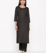 Black Women's Rayon Slub Gold Print Straight Kurta Pant Set