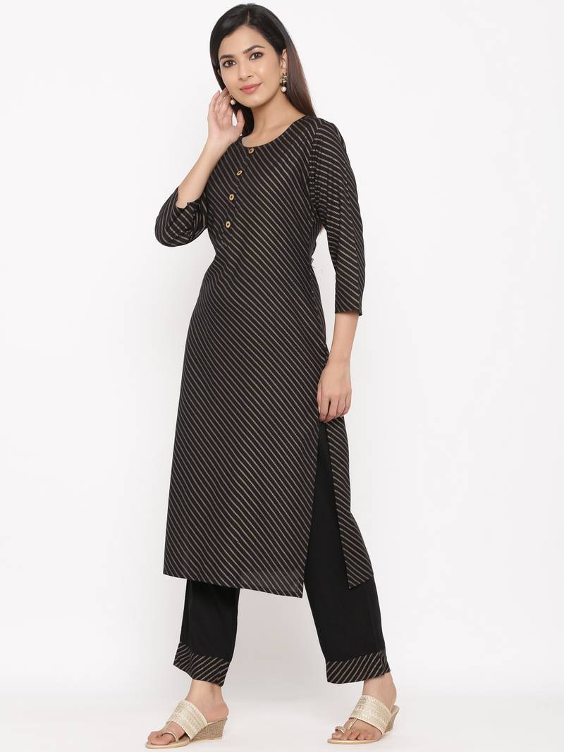 Black Women's Rayon Slub Gold Print Straight Kurta Pant Set