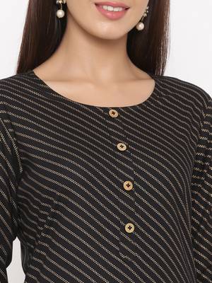 Black Women's Rayon Slub Gold Print Straight Kurta Pant Set 3