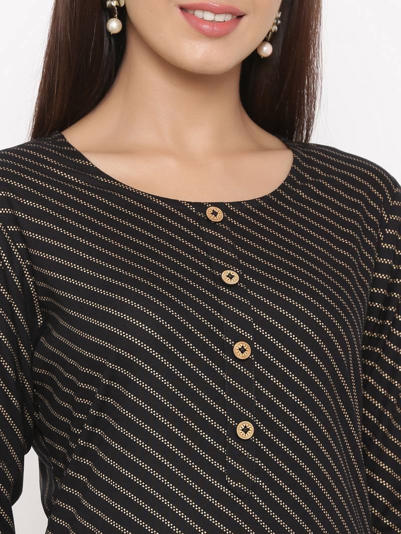 Black Women's Rayon Slub Gold Print Straight Kurta Pant Set