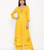 Mustard Women's Rayon Slub Solid Anarkali Kurta Palazzo Set