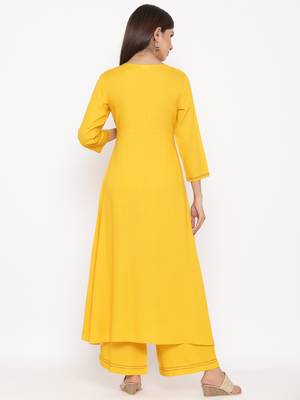 Mustard Women's Rayon Slub Solid Anarkali Kurta Palazzo Set 5