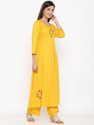 Mustard Women's Rayon Slub Solid Anarkali Kurta Palazzo Set 6