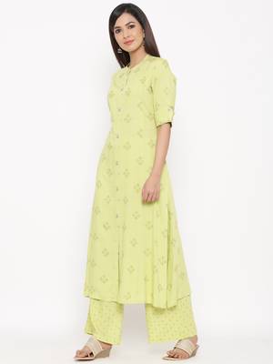 Parrote green Women's Rayon  Gold Print Straight Kurta Palazzo Set 2