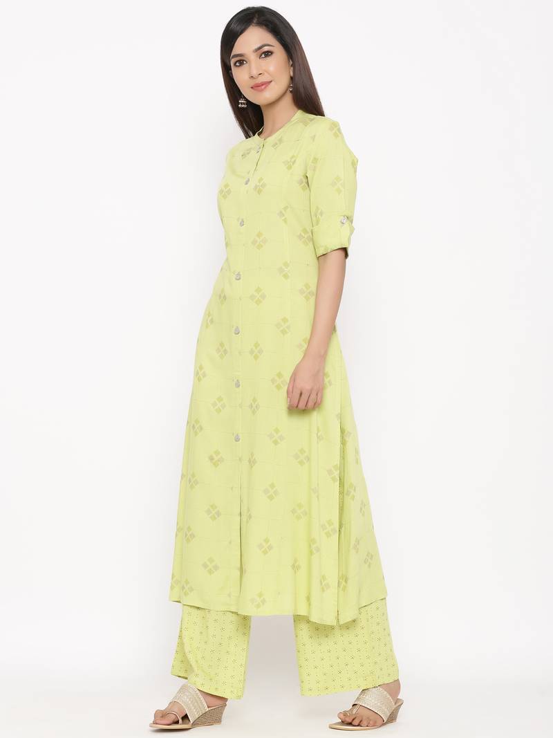 Parrote green Women's Rayon  Gold Print Straight Kurta Palazzo Set