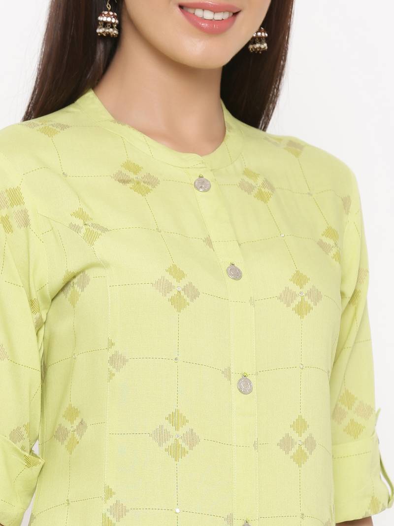 Parrote green Women's Rayon  Gold Print Straight Kurta Palazzo Set