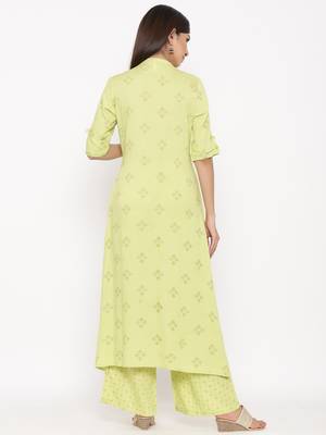 Parrote green Women's Rayon  Gold Print Straight Kurta Palazzo Set 5