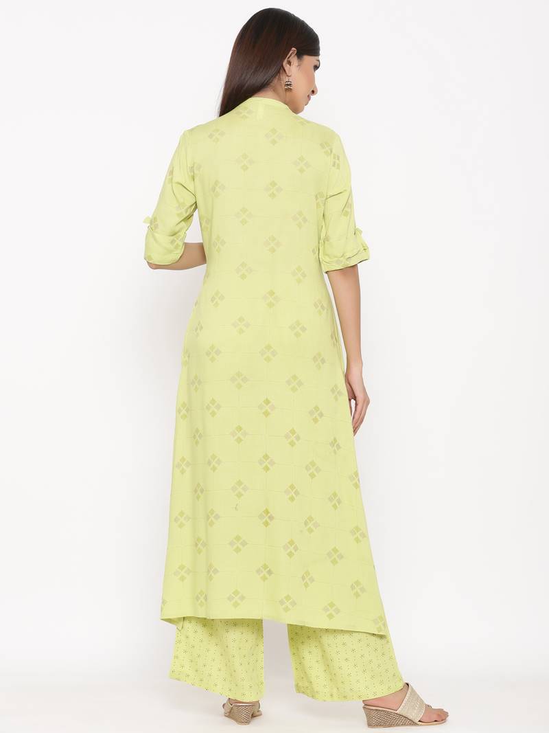 Parrote green Women's Rayon  Gold Print Straight Kurta Palazzo Set