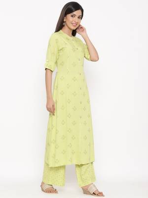 Parrote green Women's Rayon  Gold Print Straight Kurta Palazzo Set 6