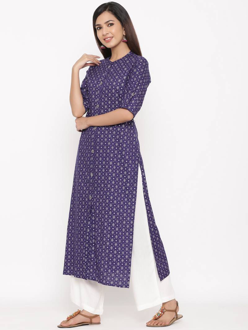 Purple Women's Rayon Printed Straight Kurta Palazzo Set