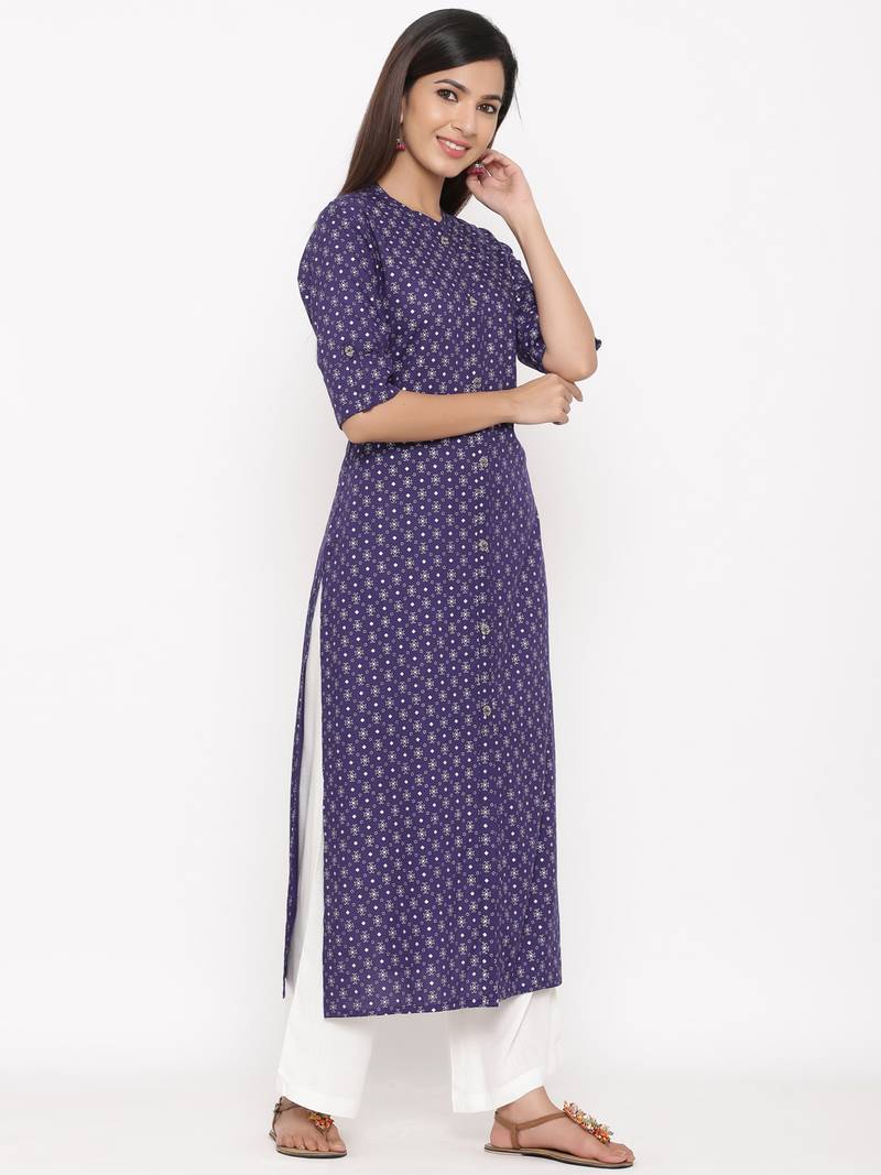 Purple Women's Rayon Printed Straight Kurta Palazzo Set