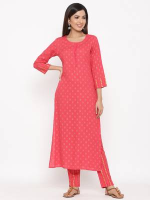 Pink Women's Rayon Slub Floral Print Straight Kurta Pant Set 1