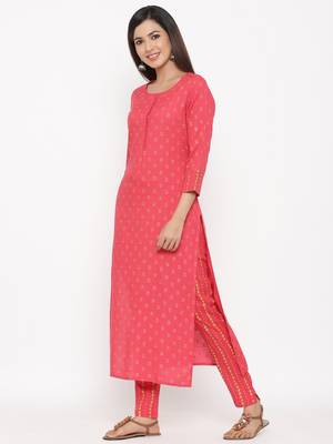 Pink Women's Rayon Slub Floral Print Straight Kurta Pant Set 2