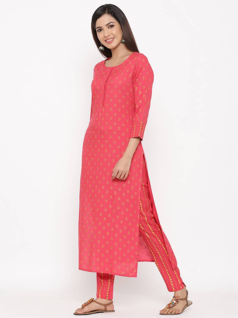 Pink Women's Rayon Slub Floral Print Straight Kurta Pant Set