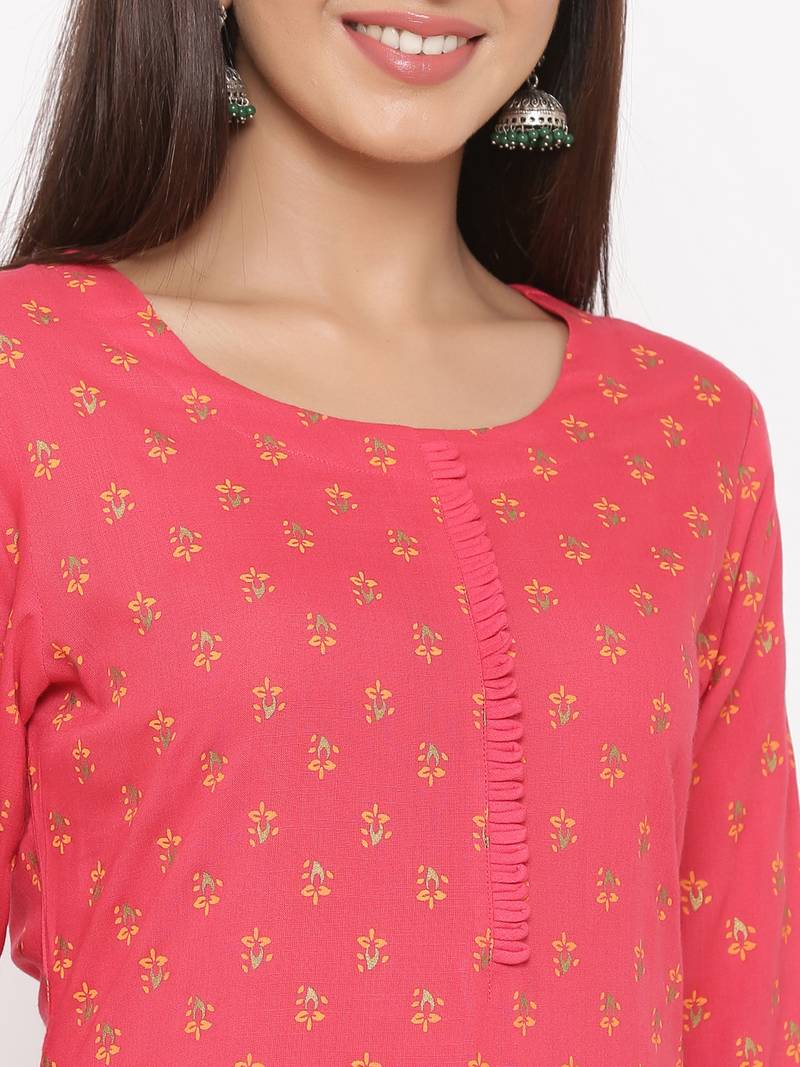 Pink Women's Rayon Slub Floral Print Straight Kurta Pant Set
