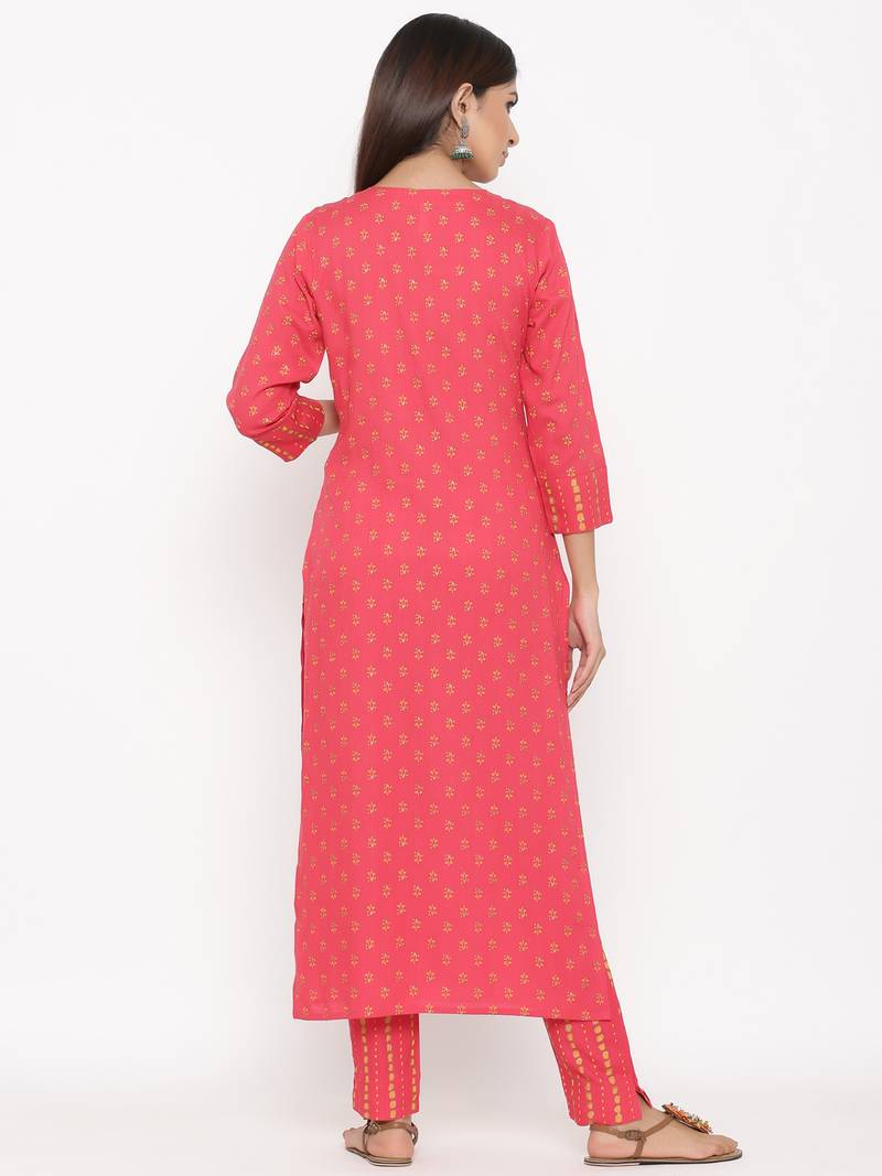 Pink Women's Rayon Slub Floral Print Straight Kurta Pant Set