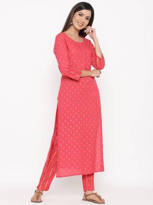 Pink Women's Rayon Slub Floral Print Straight Kurta Pant Set 6