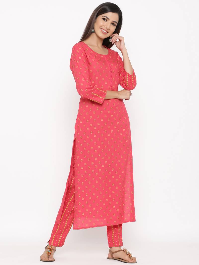 Pink Women's Rayon Slub Floral Print Straight Kurta Pant Set
