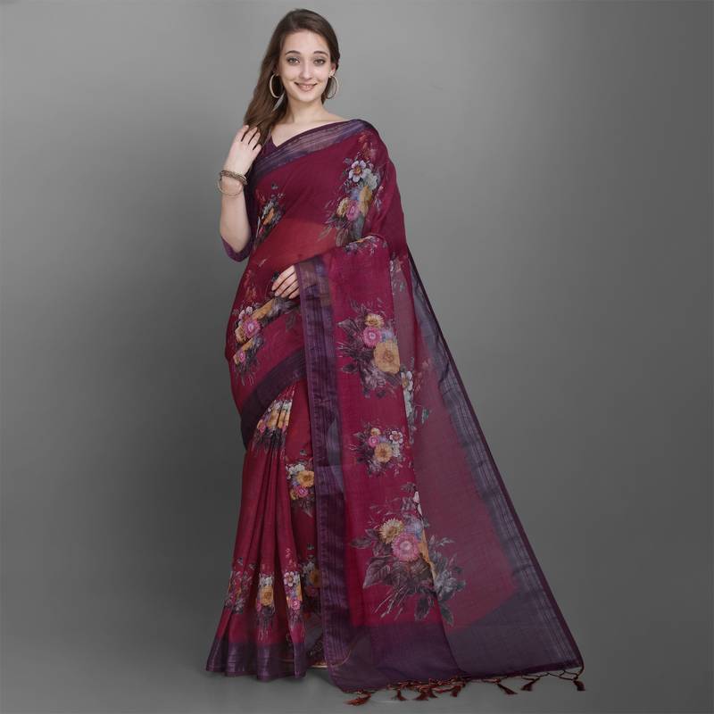 Women's Satin Silk Burgundy Printed Designer Saree With Blouse Piece