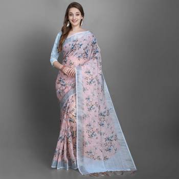 Peach printed linen saree with blouse 1