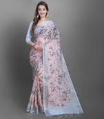 Peach printed linen saree with blouse