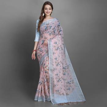 Peach printed linen saree with blouse 2