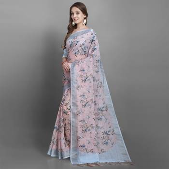 Peach printed linen saree with blouse 3