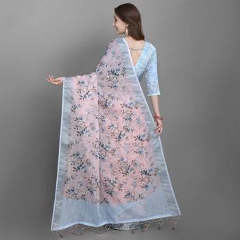 Peach printed linen saree with blouse 4