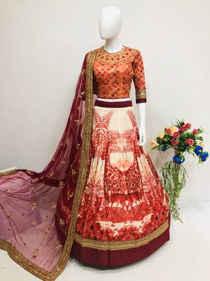 Red embroidered velvet semi stitched lehenga 1