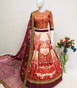 Red embroidered velvet semi stitched lehenga