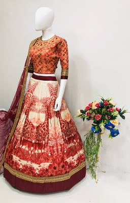 Red embroidered velvet semi stitched lehenga 2