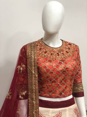Red embroidered velvet semi stitched lehenga 3