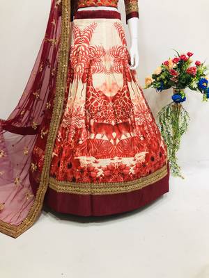 Red embroidered velvet semi stitched lehenga 4