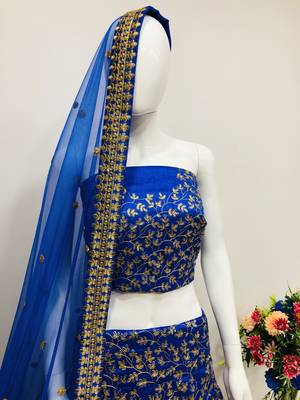 Royal-blue embroidered art silk semi stitched lehenga 2