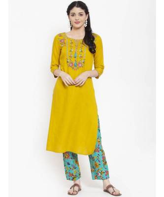 Women yellow embroidery work kurti with printed  palazzo 1
