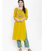 Women yellow embroidery work kurti with printed  palazzo